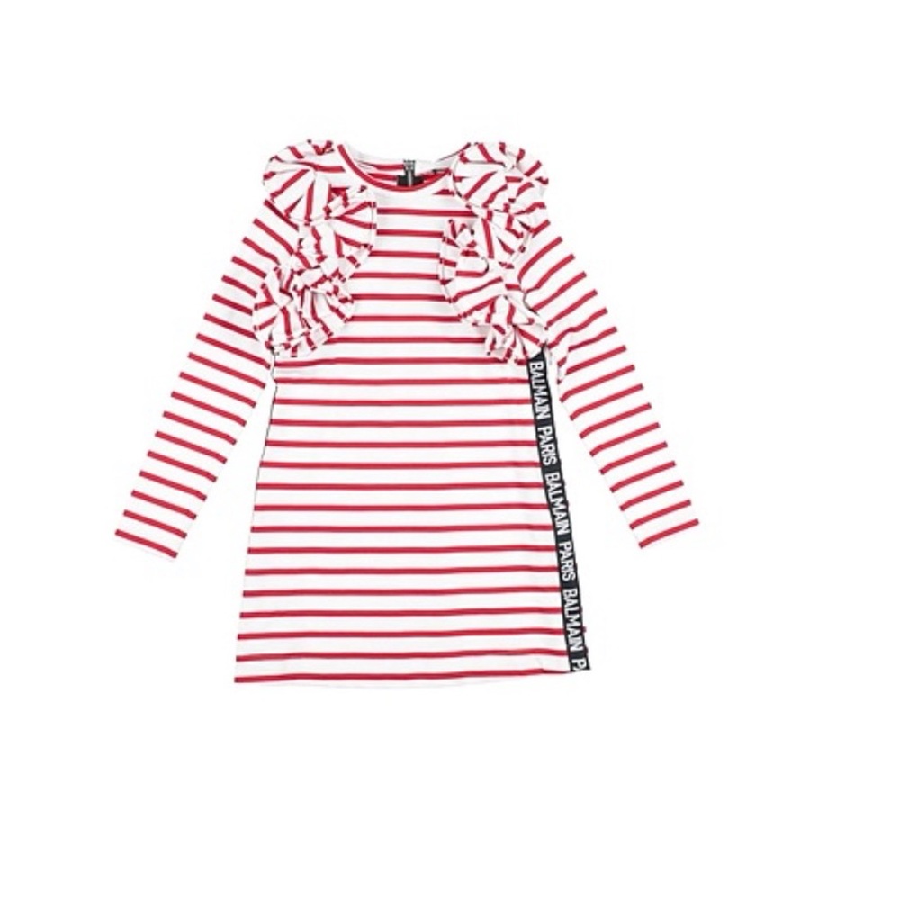 Balmain red and white striped logo dress, size 8 girls